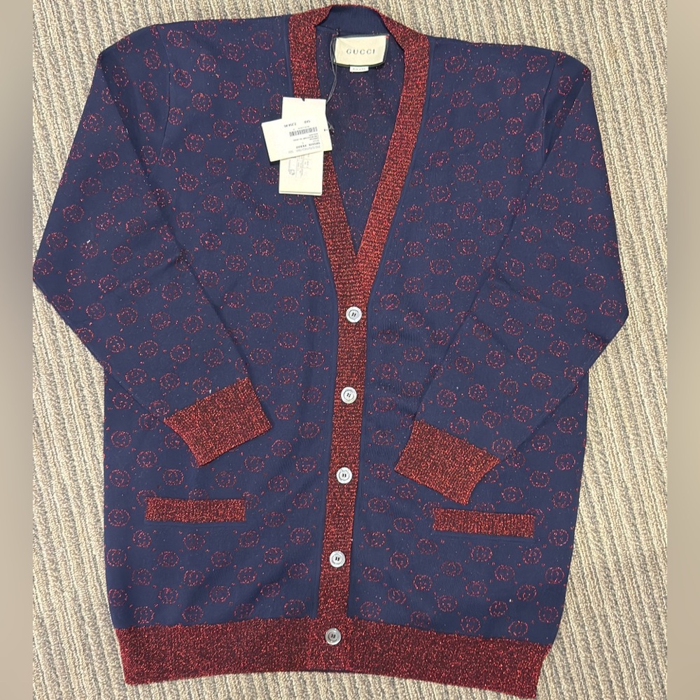 Gucci Women's Navy and Burgundy Cardigan